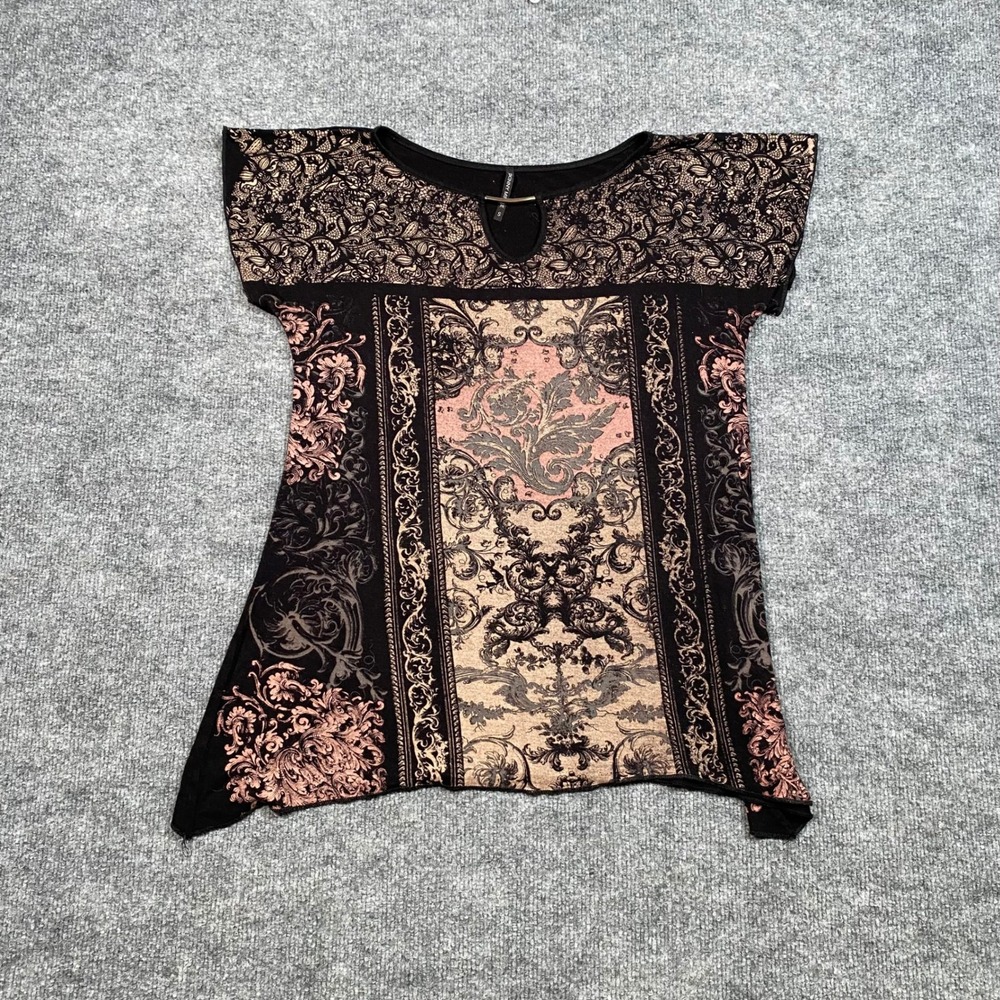 Skinny Minnie Womens Baroque Damask Print Cap‎ Sleeve Keyhole Top Black Pink S